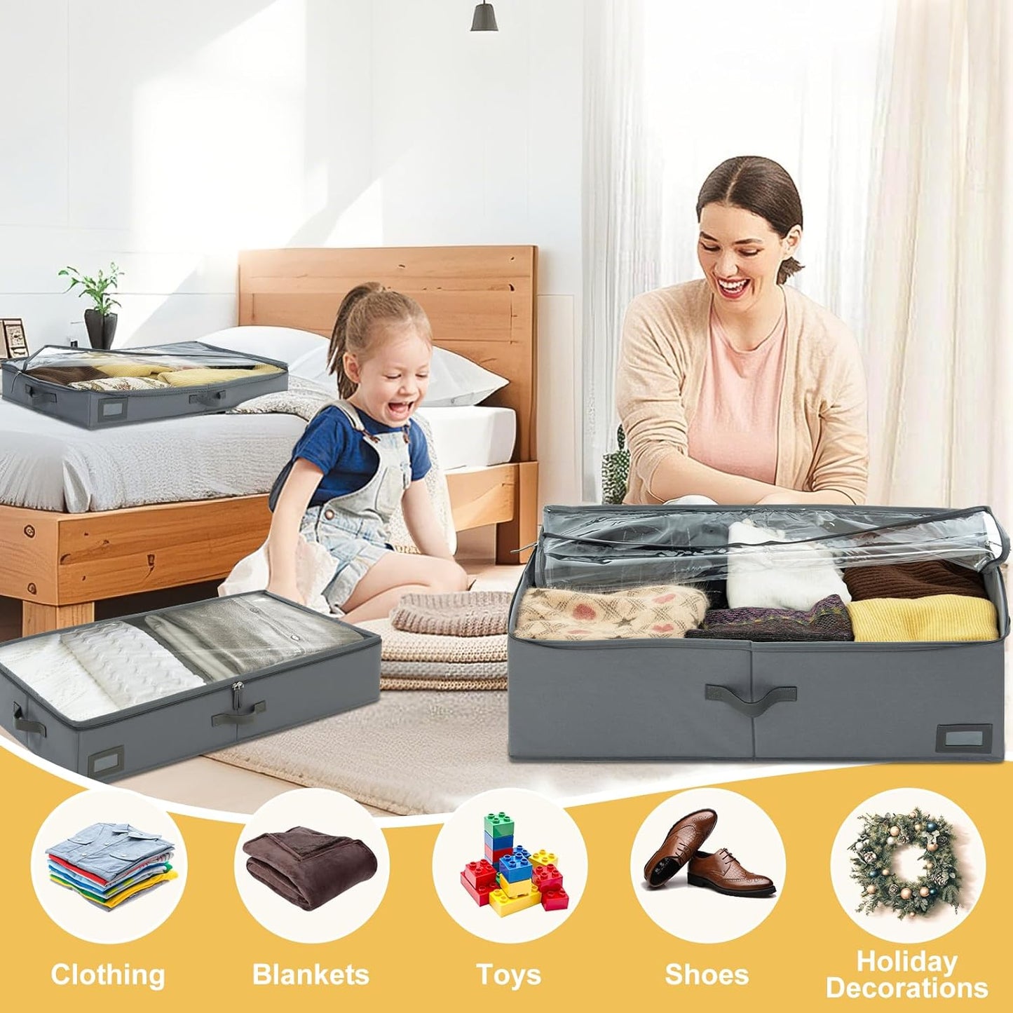 10-Inch Under Bed Organizer, Large Under Bed Storage Container, Underbed Storage Box for Seasonal Clothing, Sweaters, Shoes, Blankets, Wrapping Paper, Sheets & Toys, Yarn 33" L×17" W×10" H