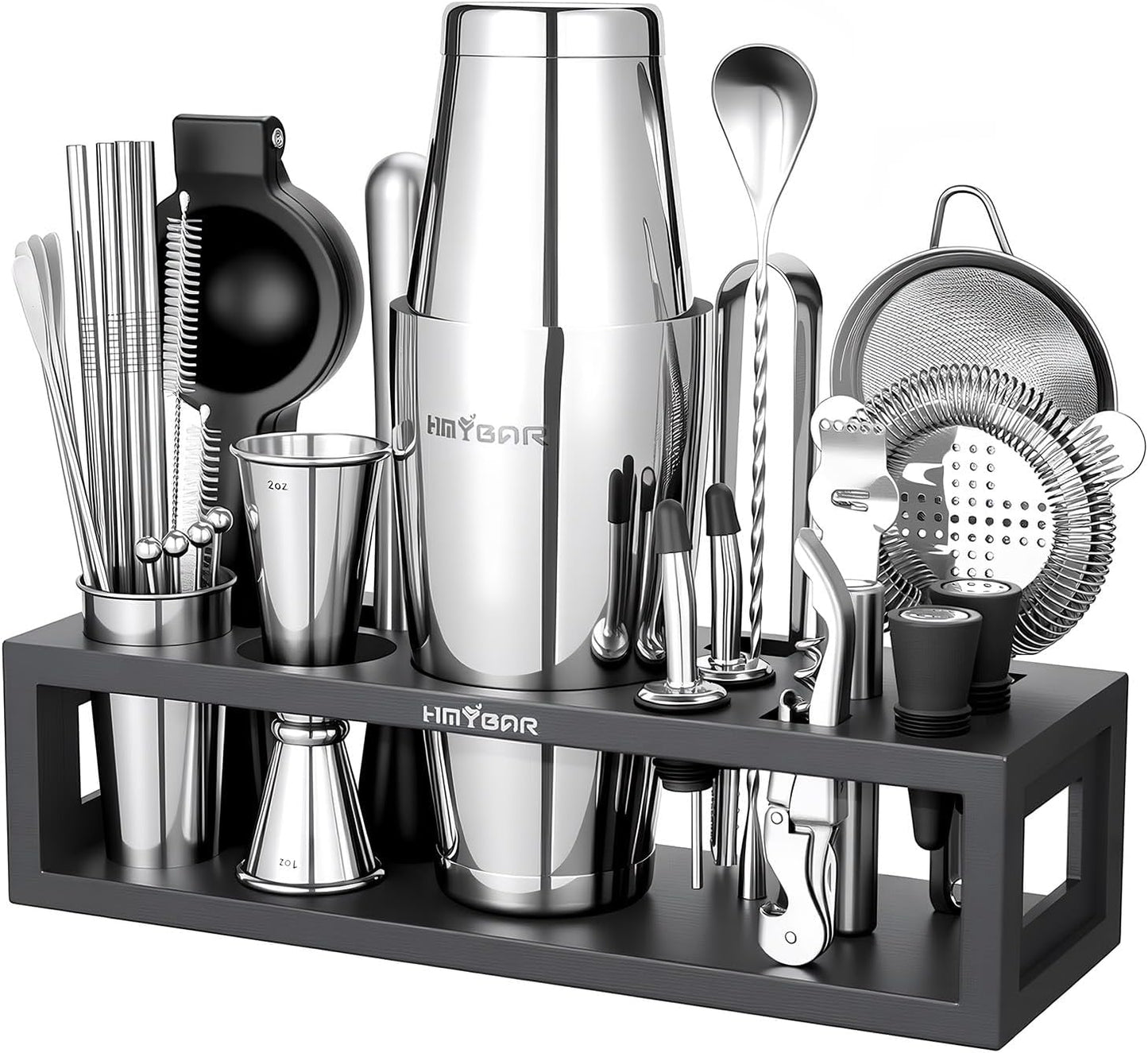 HMYBAR® Mixology Bartender kit | Cocktail Shaker Set | Boston Shaker Set, 20/28 OZ | Martini Making Set for Home Bar. Total 31 pcs incl 39-Recipe Cocktail Cards. Silver Tools. Bamb Stand Black Color