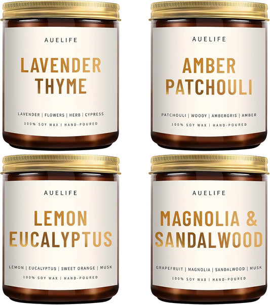 4 Pack Scented Candles Set | Scented Candles for Home, Candle Gifts for Women Men, Soy Candle for Home, Aromatherapy Gift of Amber Patchouli/Lemon Eucalyptus/Lavender/Sandalwood