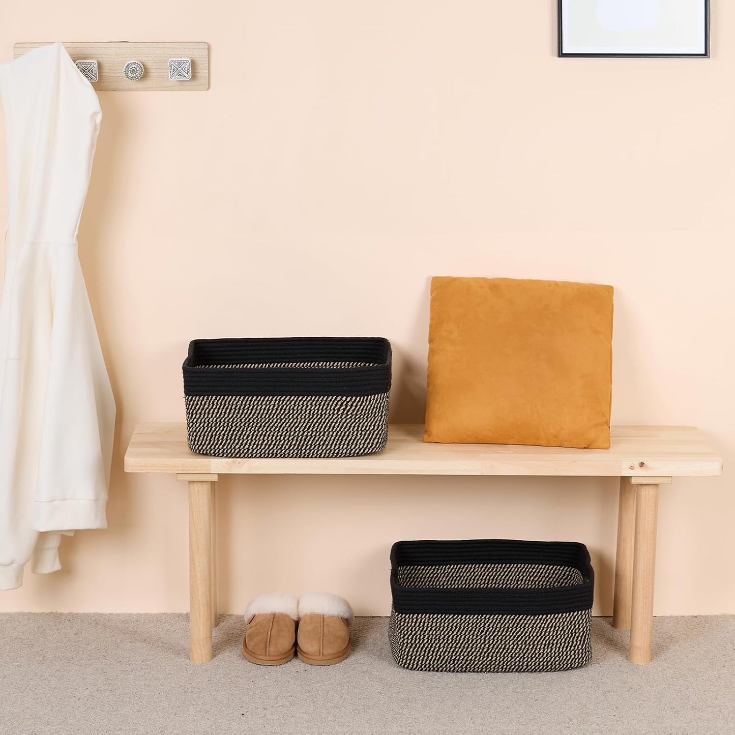 Large Storage Baskets for Shelves, Closet Organizers Bins for Clothes Blanket Towels, Baby Nursery, Toy Baskets Box, Woven Rope Baskets, 17 x 13 x 7.5”, 3 Packs Woven Brown