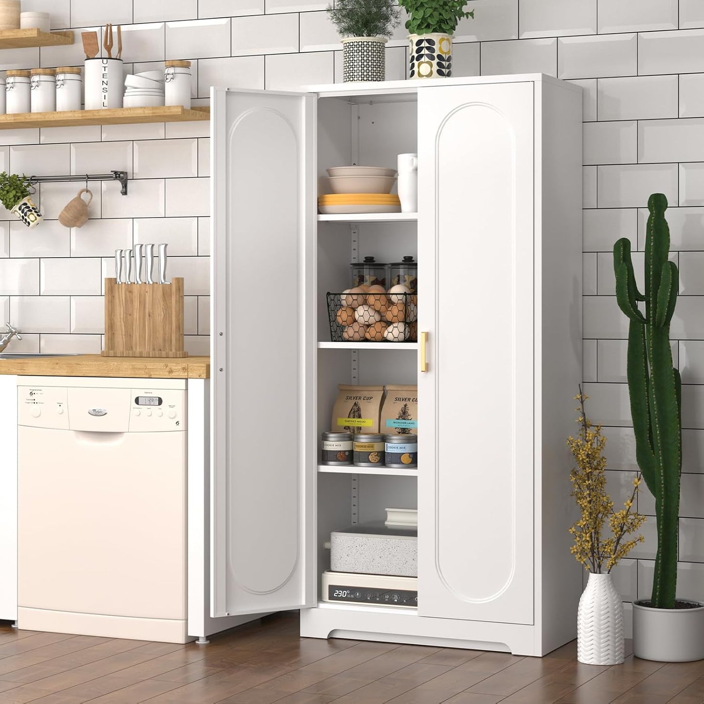 60" Tall Kitchen Pantry Cabinet, Metal Pantry Cabinet with Doors and Adjustable Shelves, White Utility Storage Cabinet with Handles for Dining Room, Bathroom, Laundry Room - Assemble Required