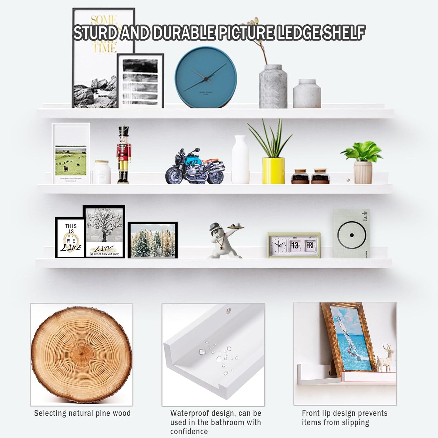 AZSKY 36 Inch Floating Shelves with Ledge White Natural Wood Picture Ledge Shelf 3 Pack Floating Shelf Picture Frame Holder for Bedroom Bathroom Living Room Kitchen Same Sizes