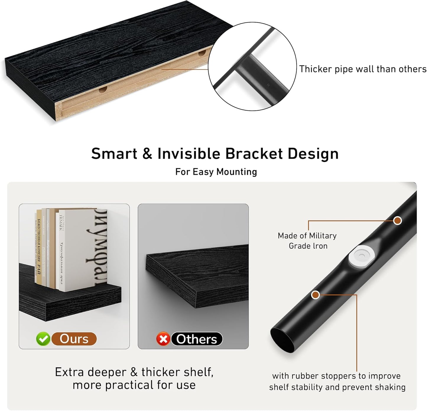 Fun Memories Deep Floating Shelves - 16" W x 9" D x 1.6" H Rustic Black Wall Shelf - Wall Mounted Shelves for Storage - Wooden Shelves with Invisible Brackets for Living Room, Farmhouse - Set of 2