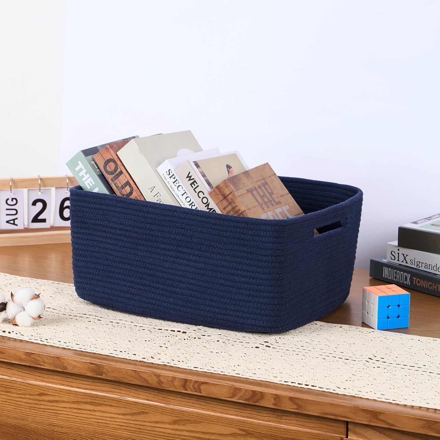 Large Storage Baskets for Organizing, Closet Shelf Baskets for Clothes Blanket Towels, Baby Nursery, Toy Bins Box, Woven Rope Baskets, 17 x 13 x 7.5”, 4 Packs Navy Blue