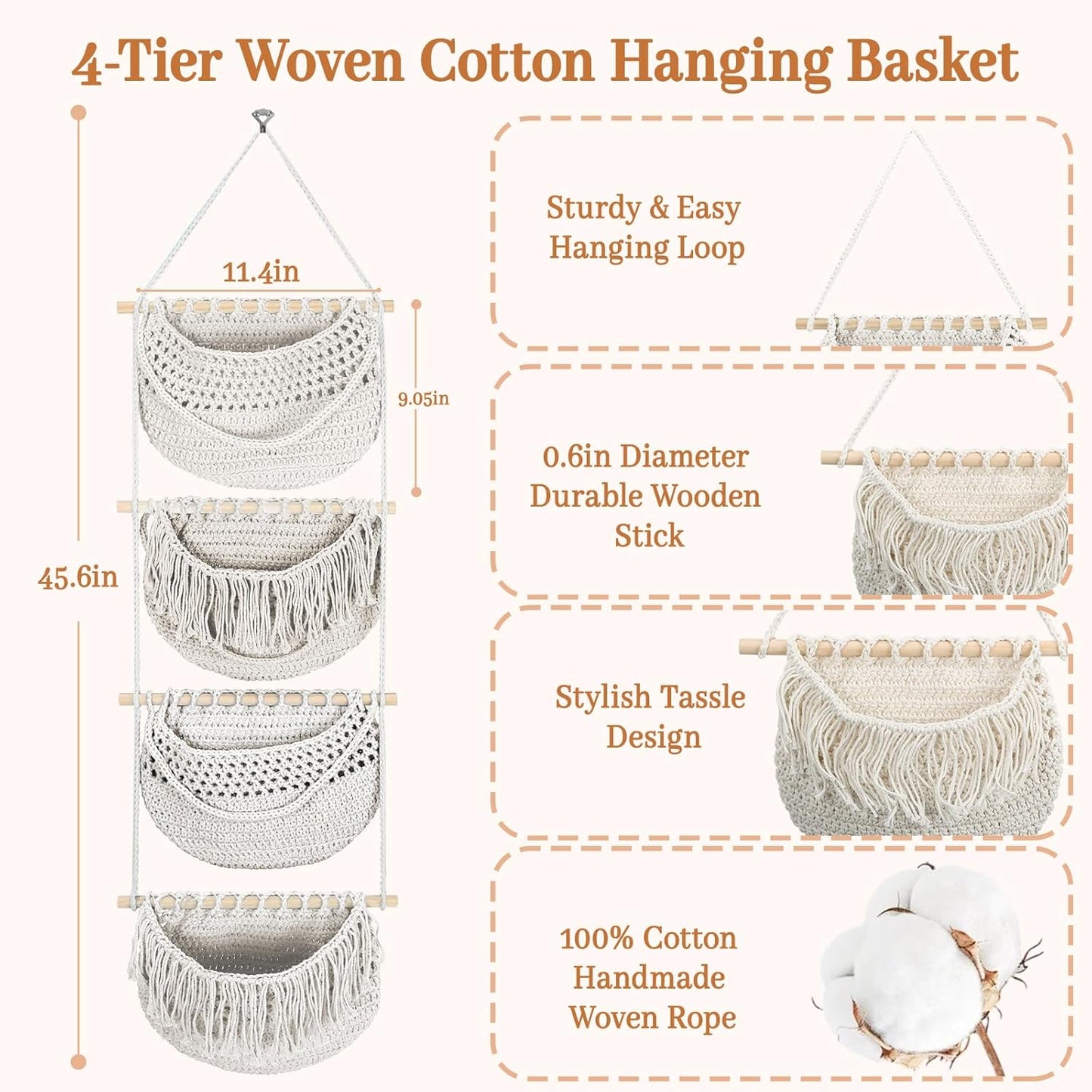 4 Tier Hanging Fruit Basket for Kitchen, 4 Pack Detachable Cotton Crocheted Wall Hanging Baskets Shelf Over Door Organizer for Fruit Veggie Plant, Hanging Storage Basket for Bathroom Bedroom(Beige)