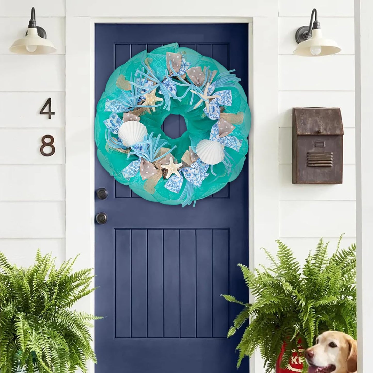 26 Inch Coastal Seashell Large Wreath with Natural Starfish & Scallops Shell, Lake Blue Beach Style Front Door Wreath with for Spring Summer, Farmhouse Rustic Indoor Outdoor Home Wall Wedding Decor