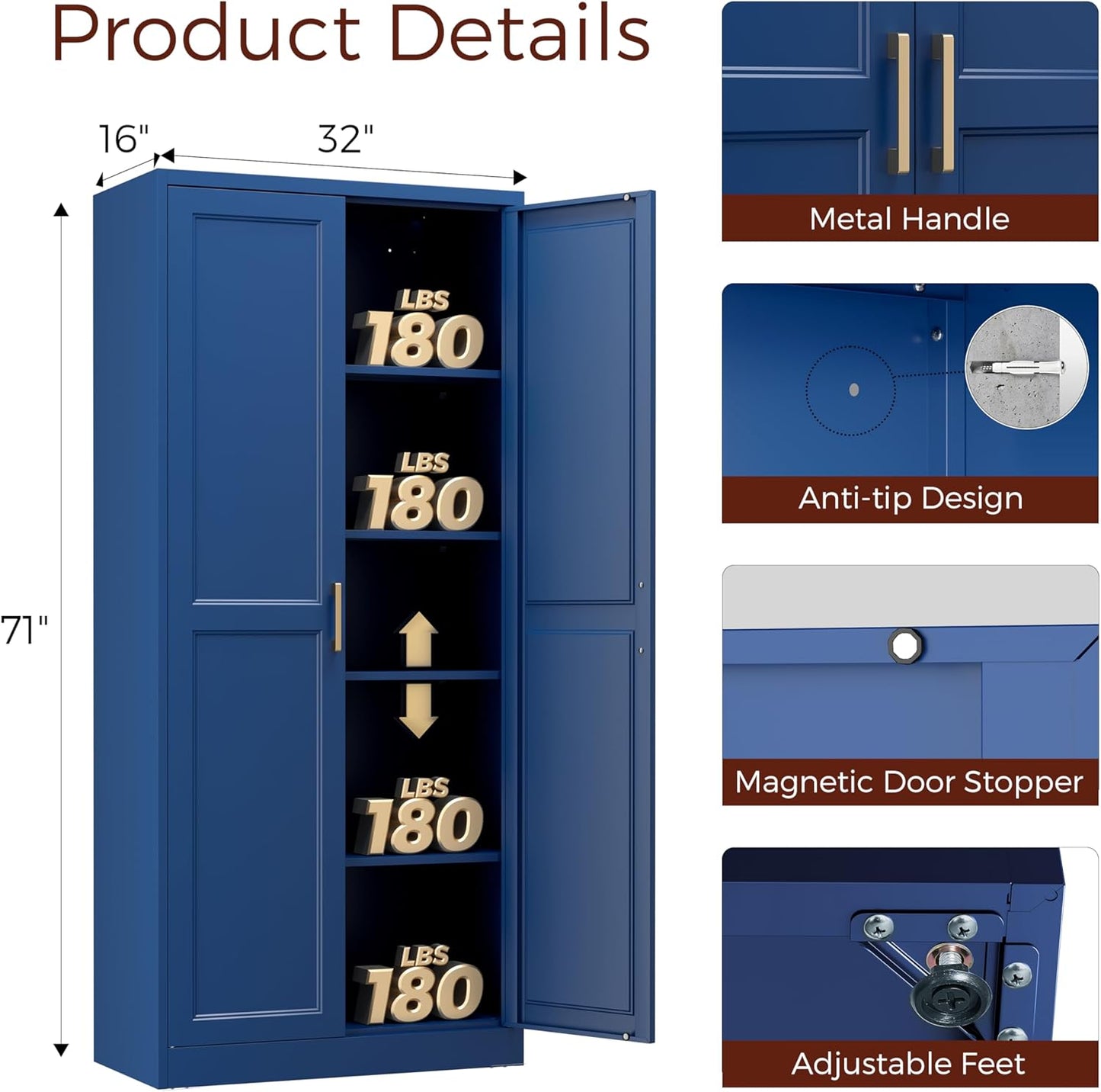 71" Metal Pantry Cabinet, Tall Kitchen Pantry Storage Cabinet with 4 Adjustable Shelves and Gold Handles, Blue Cupboard for Kitchen, Dining Room, Living Room