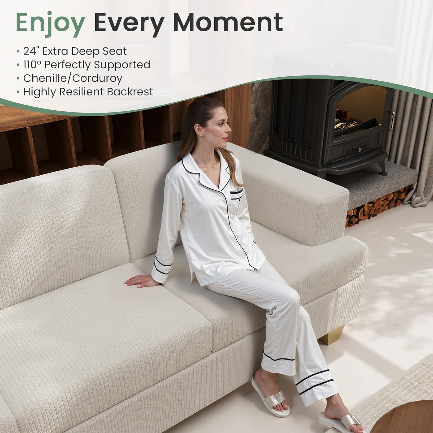 2 Pieces Corduroy Couch Set for Living Room, 6 Seats Cloud Sofa, Deep Seat Floor Couch for Bedroom, Futon Modern Sofa Bed, White Corduroy