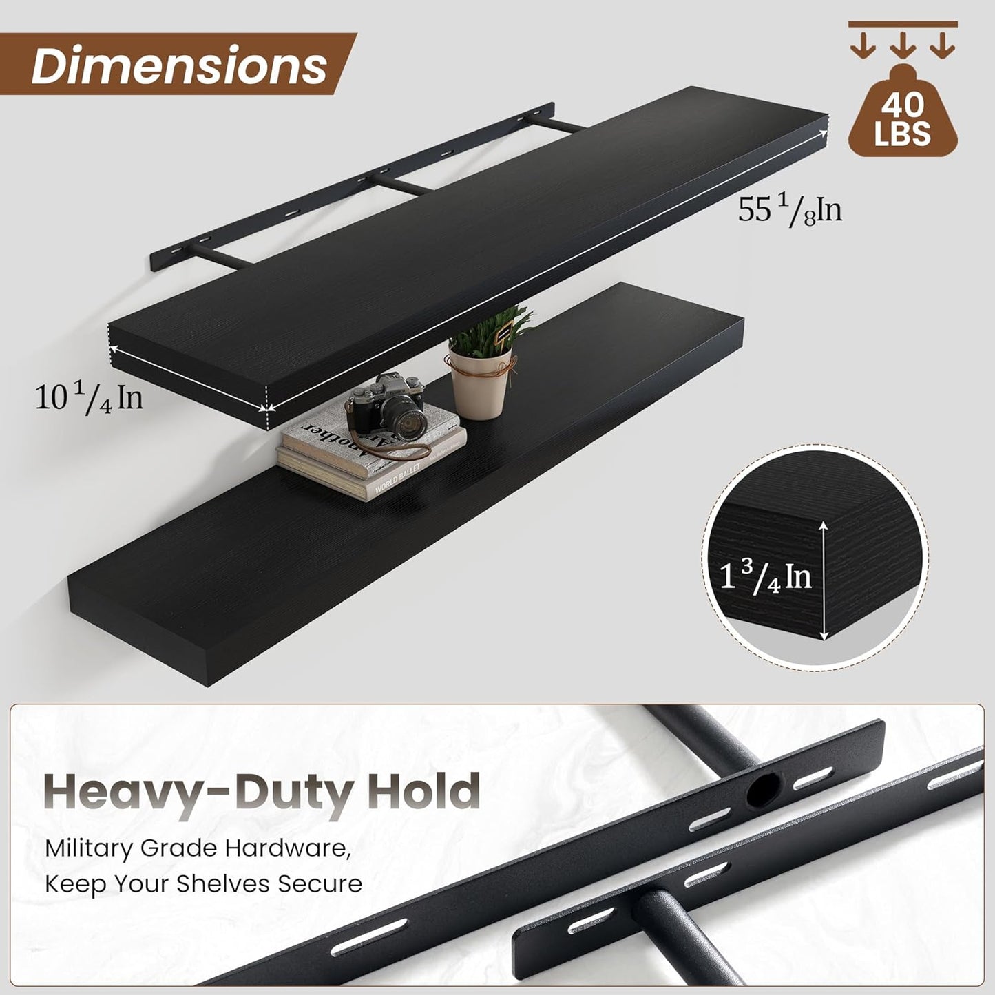 Heimlove 55 Inch Floating Shelves for Wall,10 Deep Large Black Wall Shelf with Heavy Duty Brackets,Wall Mounted Storage & Display Shelves for Bedroom,Living Room,Kitchen,Office