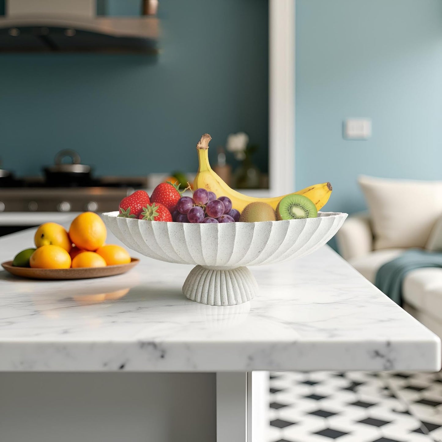 14.5" Large Decorative Long Bowl - Light Gray Fluted Scalloped Decorative Bowls for Home Decor - Ruffle Decor,Stylish Key Bowl for Entry Table,Decorative Fruit Bowl for Kitchen Counter