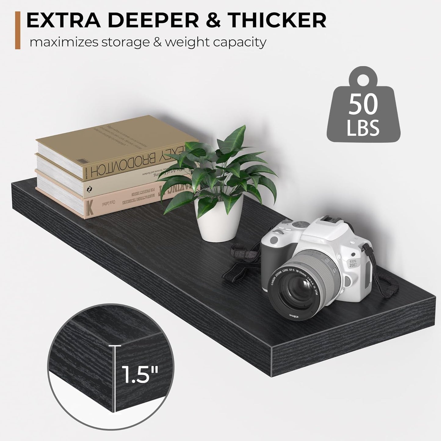 Floating Shelves - 2 Pack 9 Inch Rustic Wooden Wall Shelves - Extra Deeper & Thicker Wall Mounted Storage Shelf for Living Room, Kitchen, Farmhouse - 24" W x 9" D x 1.6" H - Rustic Black