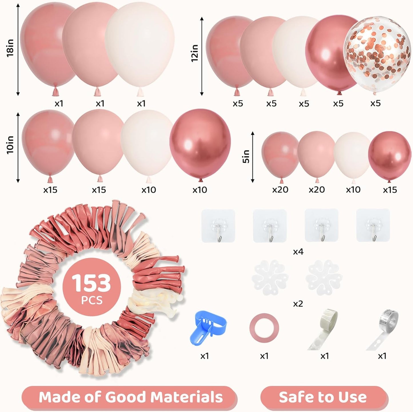 Amandir 153pcs Dusty Pink Balloon Garland Arch Kit, Different Sizes 18 12 10 5 inch Pink White Sand Metallic Confetti Pink Balloons for Girl Baby Shower Birthday Boho Party Decorations