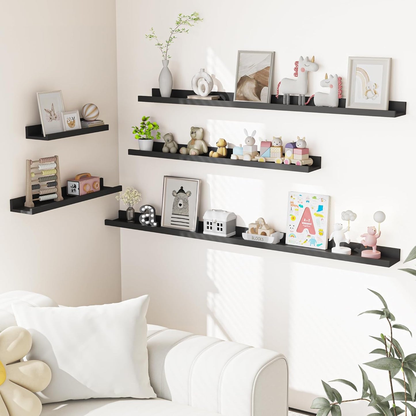 Heimlove Picture Ledge Shelf, Floating Shelves Set of 2, 72 Inches Long Large Picture Shelf for Wall with Ledge, Kids Bookshelf Wall Mounted for Living Room Bedroom Decor Books Photo Frames, Black