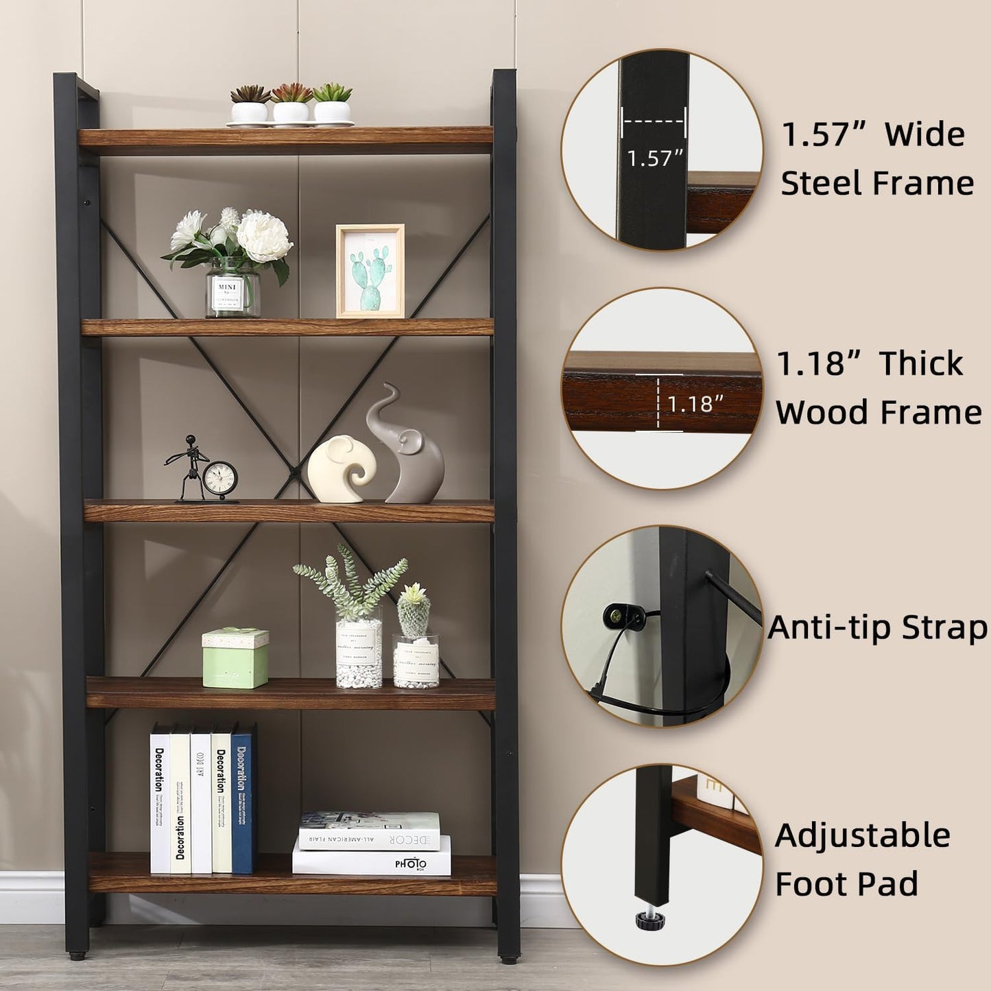 5 Tier Bookcase, Solid Wood Bookshelf Rustic Vintage Industrial Etagere Bookcase, Metal and Wood Free Vintage Bookshelf, Retro Brown (Real Wood) (5-Tiers)