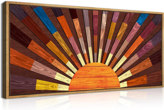 IARTTOP Extra Large Boho Sun Wood Wall Art for Living Room Wooden 3D Framed Abstract Sun Rising on the Horizon Geometric Wall Decor Mid century Sunshine Artwork Home Bedroom Office20 * 40 Inch