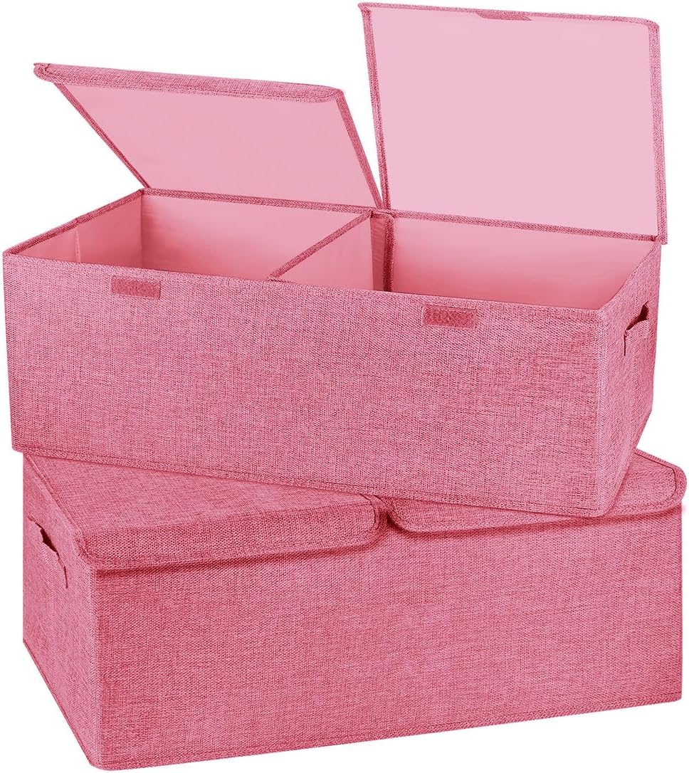2 Pack Large Storage Boxes with Lids and Handles, Collapsible Linen Storage Bins Organizer Containers Baskets Cube with Removable Divider for Home Bedroom Closet Office (Pink, Small)