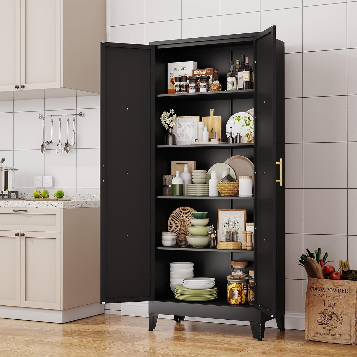 71" H Metal Kitchen Pantry Storage Cabinet, Freestanding Cupboard with 2 Doors and 4 Adjustable Shelves, Standing Storage for Kitchen, Bathroom, Garage, Dinning Room or Utility Room（Black）