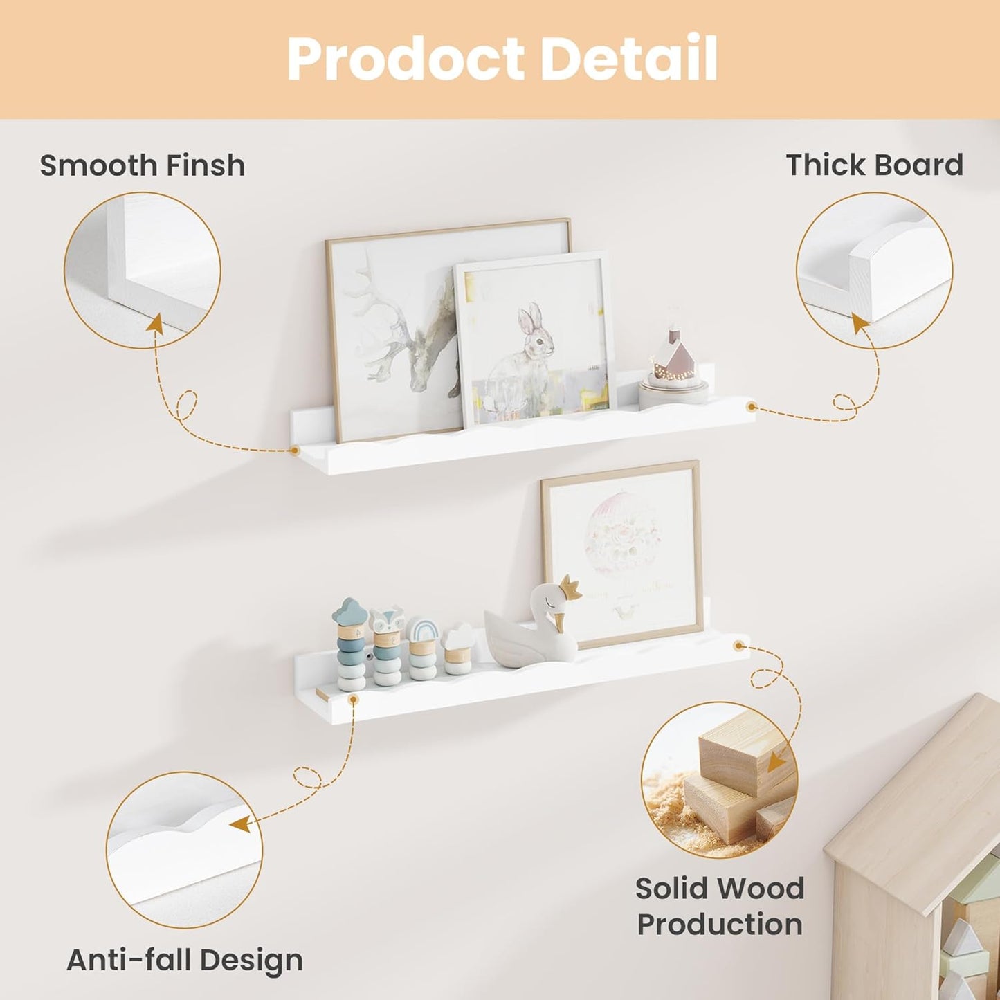 Fun Memories Picture Ledge Shelf for Wall, 24 inch Pine Wood Nursery Book Shelves Set of 2- Wall Book Shelves for Kids Room, Home Decor - Kitchen Spice-White