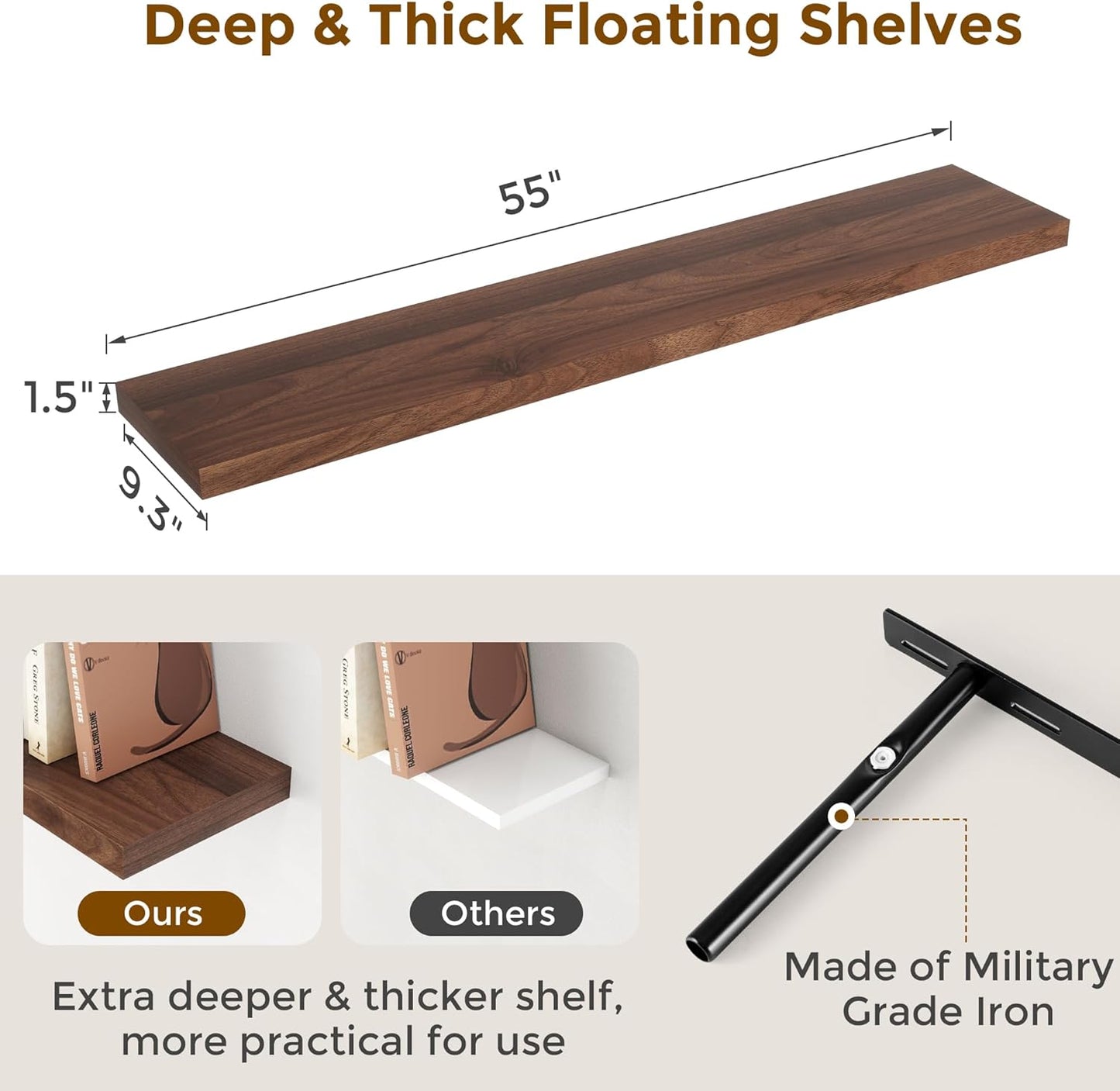 55 Inch Floating Shelves Set of 2, Rustic 55 x 9 Floating Shelf for Wall, 9 Inch Deep Wall Shelves Invisible Bracket, Large Deep Shelving for Bedroom, Kicten, Living Room, Walnut Color