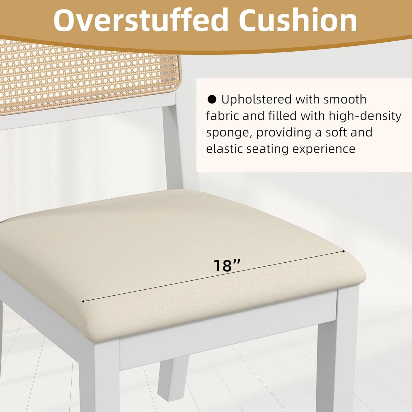 Westice Rattan Dining Chairs Set of 4, Farmhouse Natural Dining Room Chairs with Upholstered Cushion, Wood Armless Chairs for Kitchen/Restaurant, White