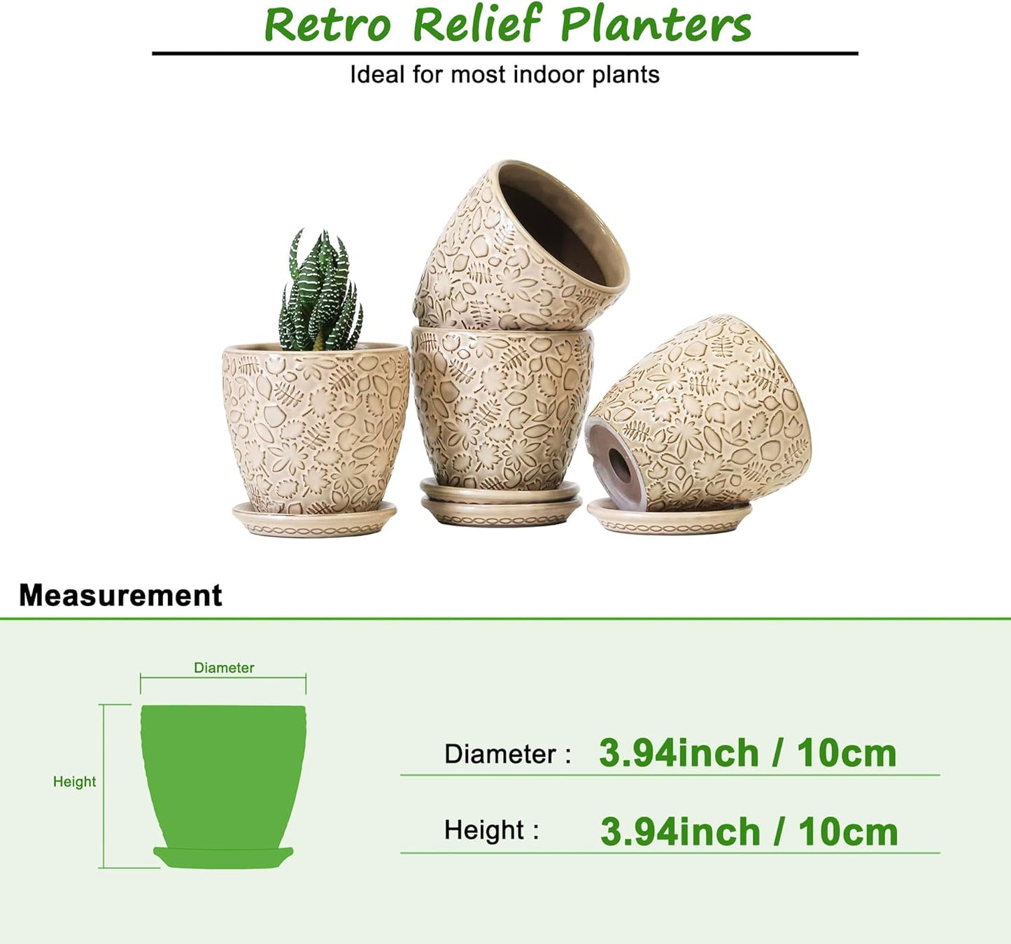 4 Inch Mini Plant Pots, Ceramic Succulent Planter with Drainage Hole and Saucers for Indoor Plants, Small Garden Pots for Succulent, Herb and Flower, Set of 4