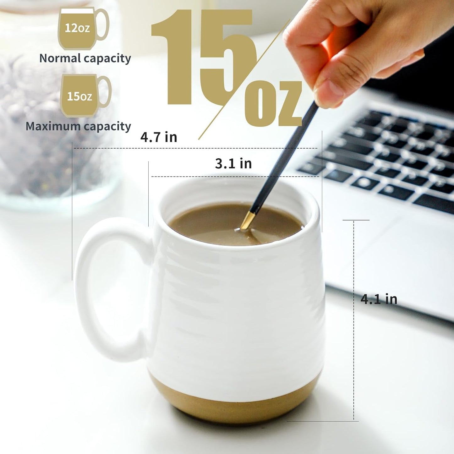 Hasense Coffee Mugs Set of 6, 15 oz Ceramic Coffee Cups with Comfortable Handle, Classic White Mug for Men and Women, Tea Cup Set for Latte, Cappuccino, Milk, Soup, Dishwasher and Microwave Safe