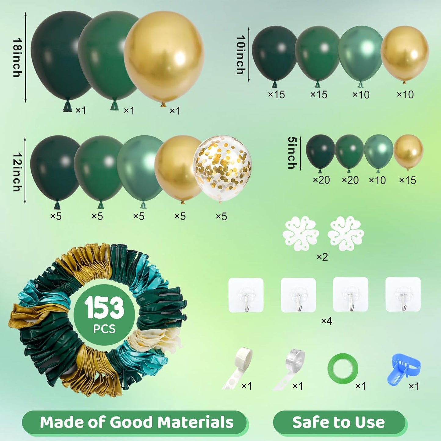 Amandir 153pcs Green and Gold Balloon Garland Arch Kit, Different Sizes 18 12 10 5 inch Green Latex Metallic Confetti Balloons for Graduation Birthday Anniversary Safari Party Decoration Supplies