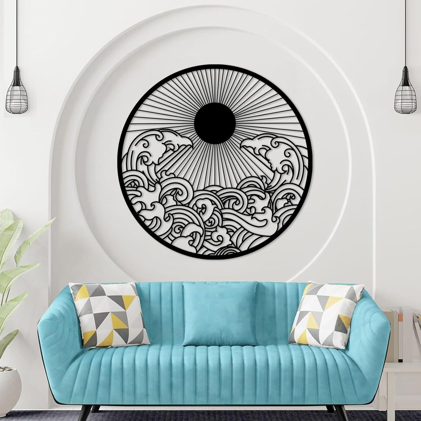 flyoak Metal Sun Wall Decor Outdoor, Sunrise Metal Wall Art, Metal Wave Wall Art, Sunrise and Wave Wall Decor, Sunburst Wall Art, Sunset Wall Art, Wall Hangings for Bedroom (Black, 35x35in|90x90cm)