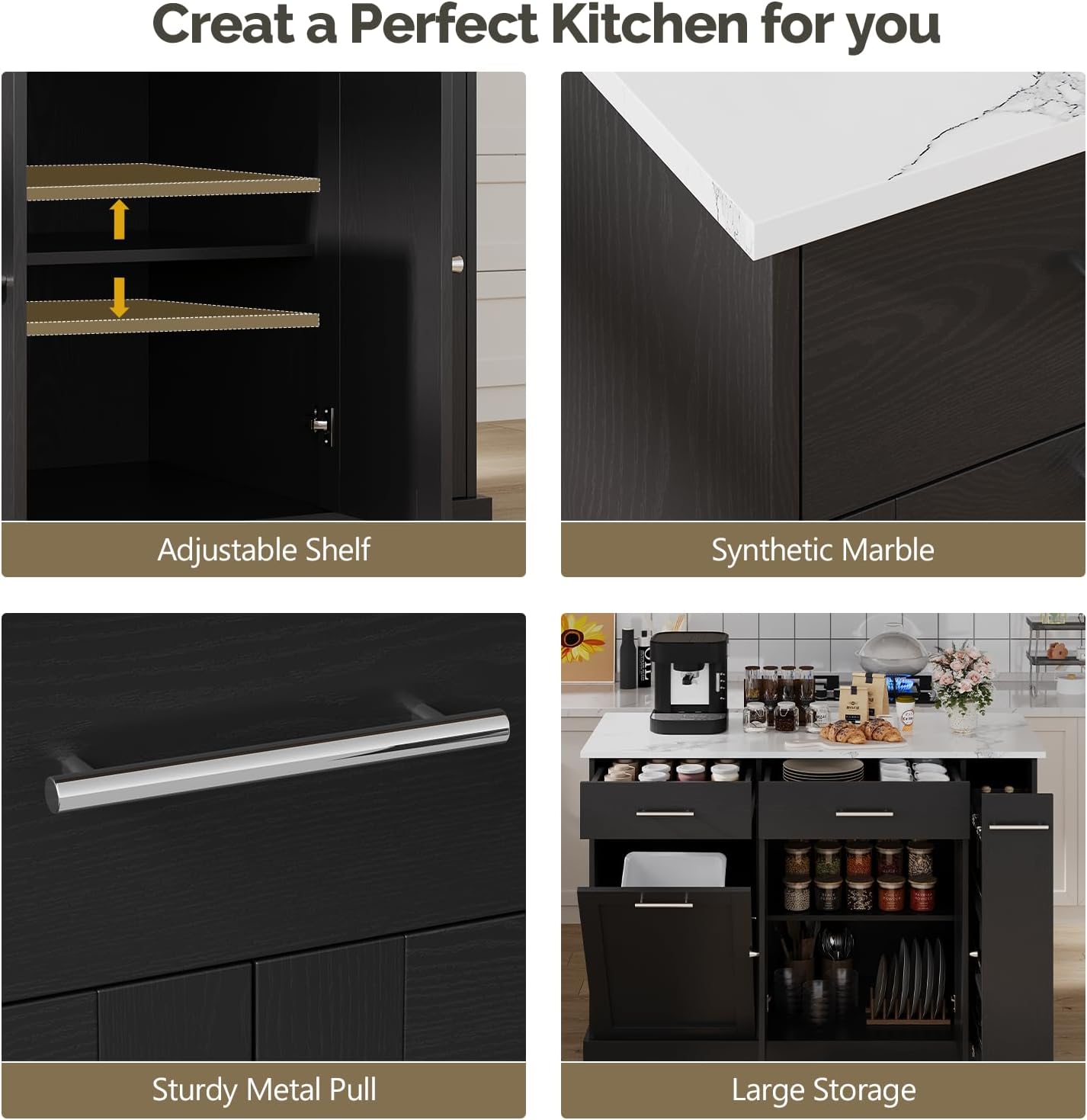 4 EVER WINNER Kitchen Island on Wheels with Storage, Rolling Kitchen Island Cart with Trash Can Cabinet, Kitchen Island Table with Spice Rack & Towel Rack, Black