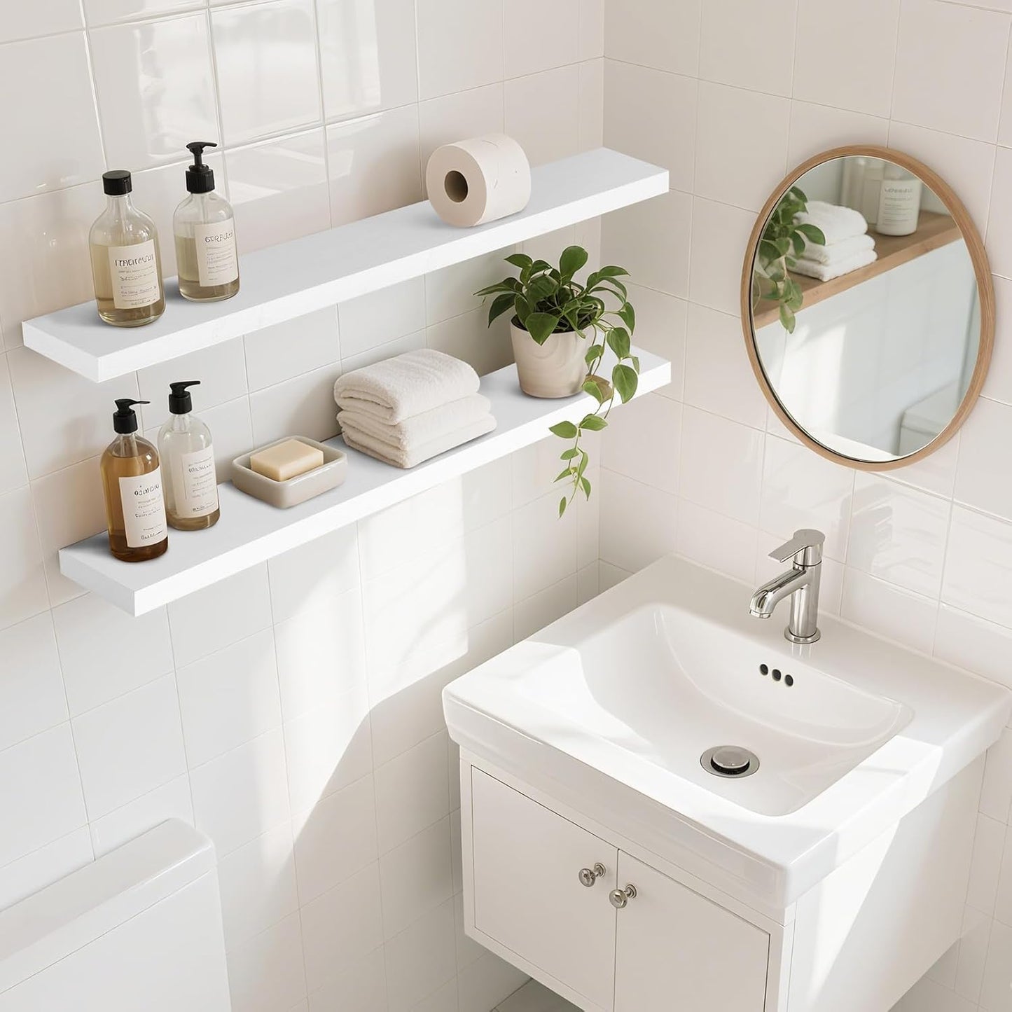 Floating Wall Shelves 2-Pack - 36-Inch Rustic White Wooden Shelves for Storage and Décor, Easy Installation for Living Room, Bedroom, and Kitchen