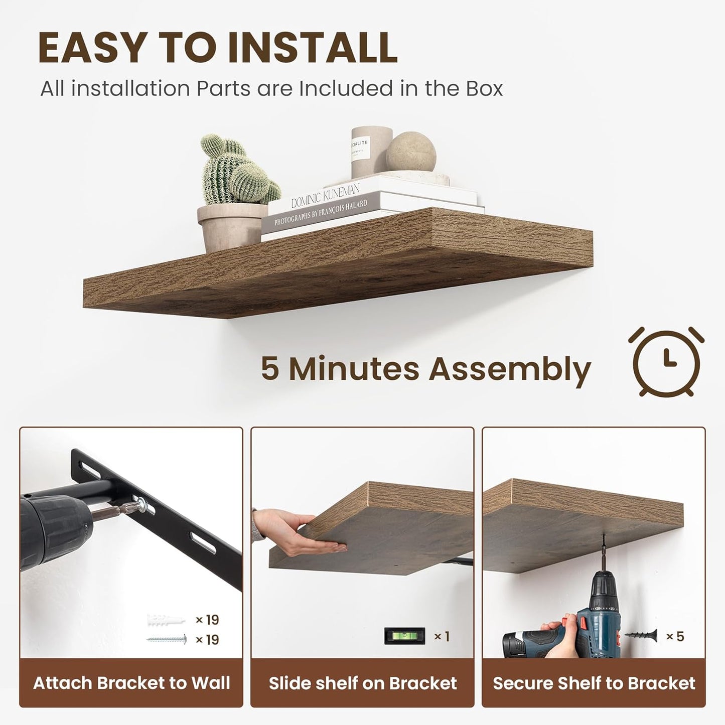 48 Inch Floating Shelves, 11.6 Inch Deep Floating Shelves for Wall, Floating Shelf with Invisible Brackets, Deep Shelves for Bathroom, Bedroom, Living Room, 1 Pack, Brown