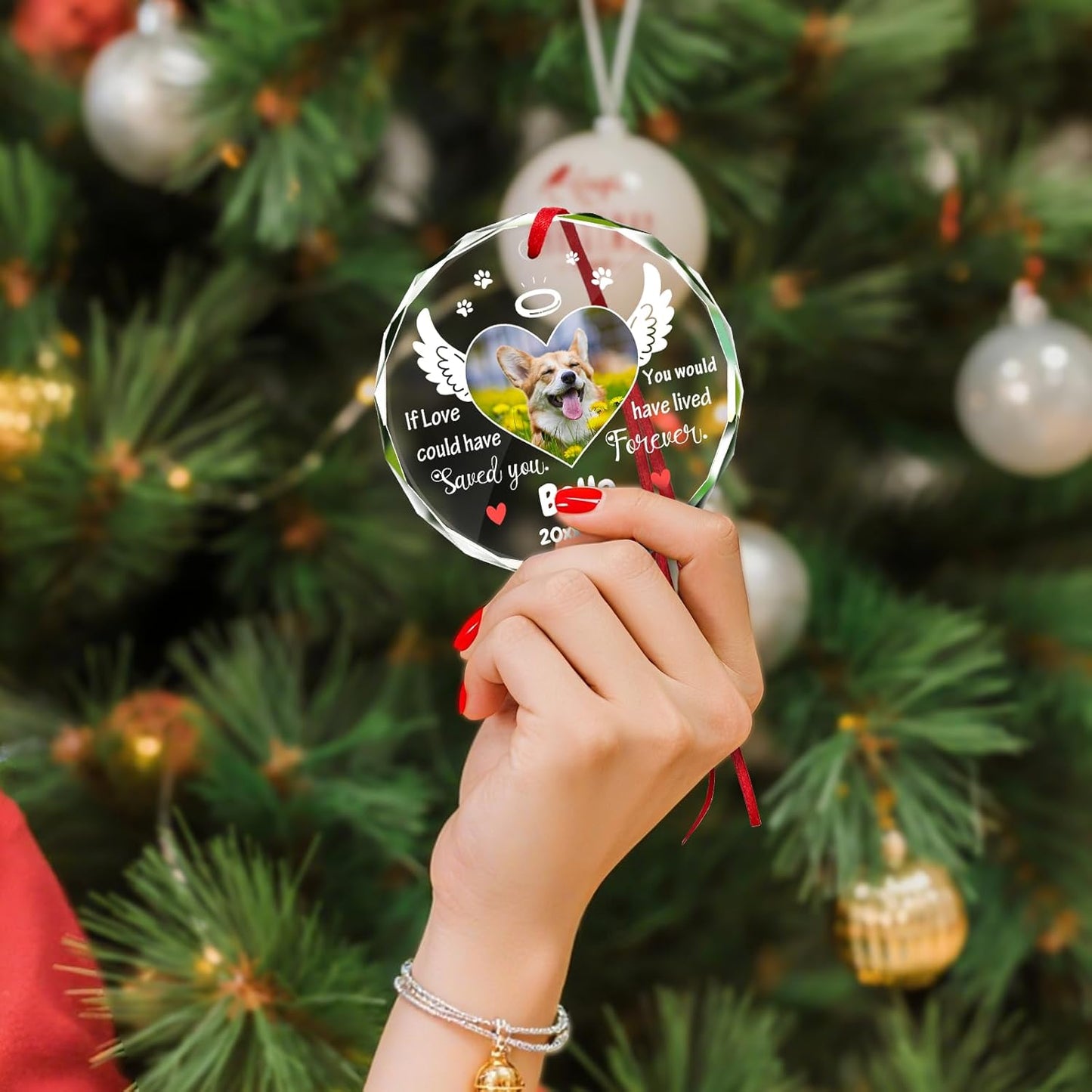 Personalized Memorial Pet Glass Ornament - Custom Picture Christmas Ornaments, Dog Forever in Our Hearts Hanging Ornament Xmas Tree Decor for Dog Lovers