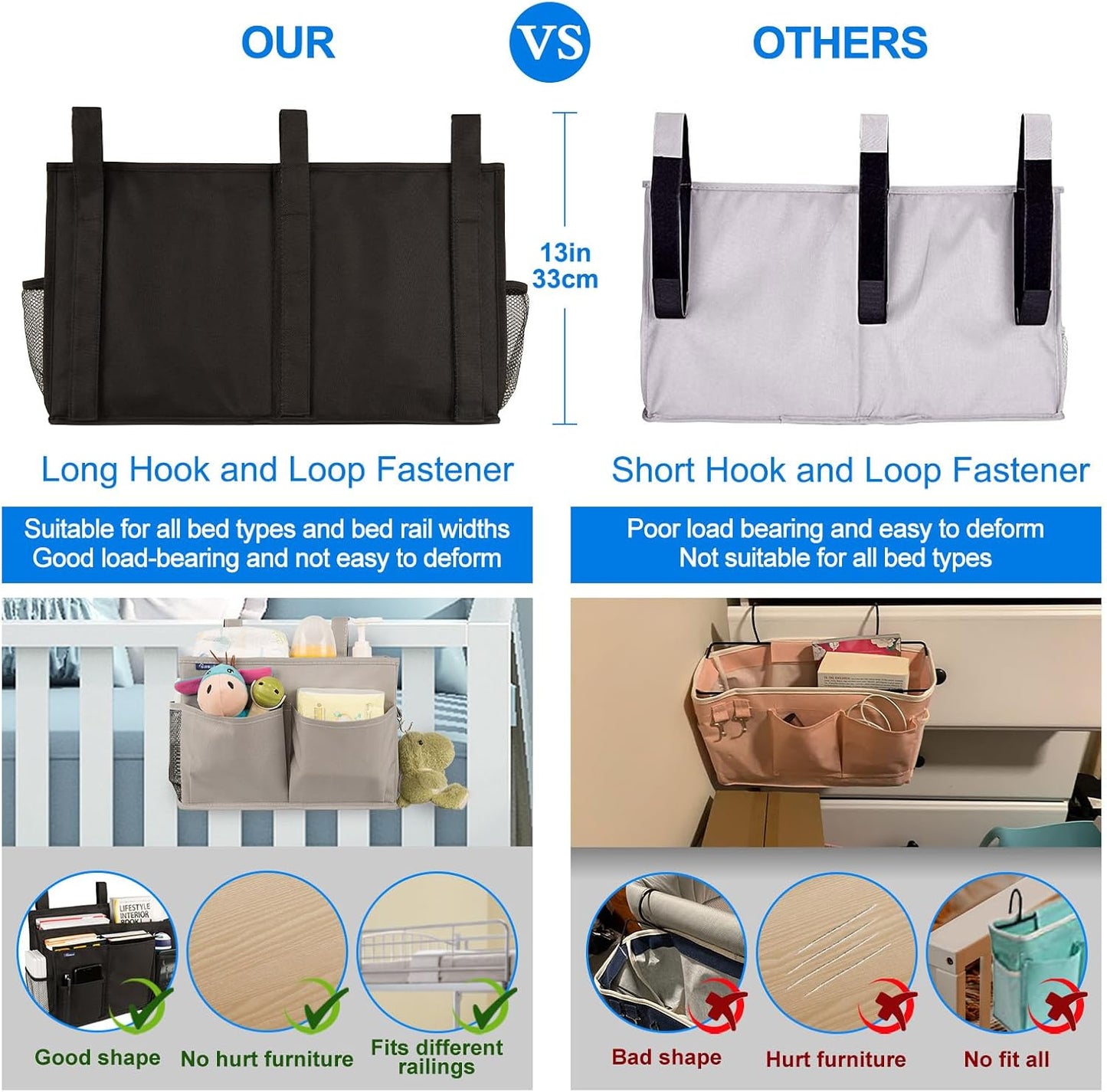 Surblue Caddy Hanging Organizer Bedside Storage Bag for Bunk and Hospital Beds, Black, L