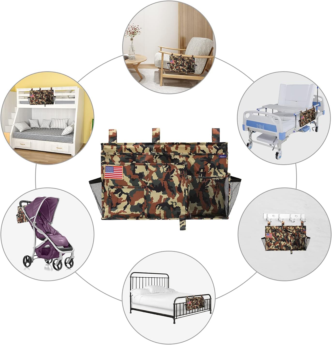 Surblue Bedside Caddy Hanging Organizer Storage Bag Pocket for Bunk, Hospital, College Dorm Rooms, Baby Bed Rails, Camp - 8 Pockets (Large, Jungle)