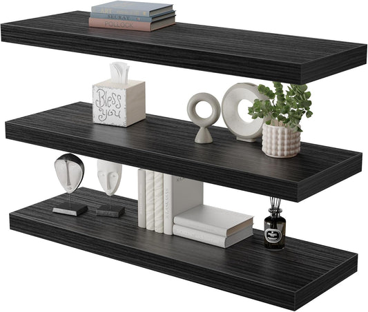 Large Floating Shelves for Wall Set of 3 Wooden Wall Shelves 30 in x 12.75 in x 2 in Room Decor Long Shelf with Invisible Wall Mount Bracket for Bedroom Kitchen Living Room Black Wood