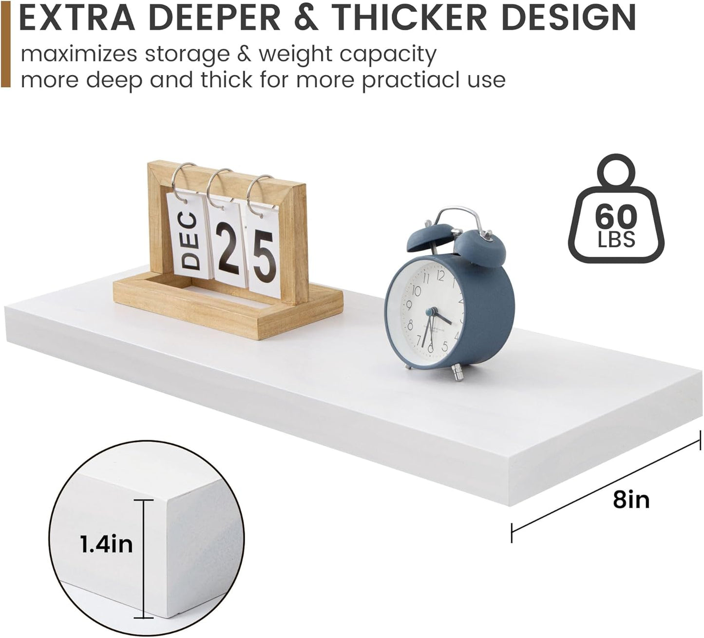 Farmhouse Floating Shelves - 8 Inch Deep Rustic Wood Wall Shelf - Premium Solid Pine Wood Storage Shelf Display Shelf for Kitchen Living Room Bedroom - 24"W x 8"D - Set of 2 - White Color