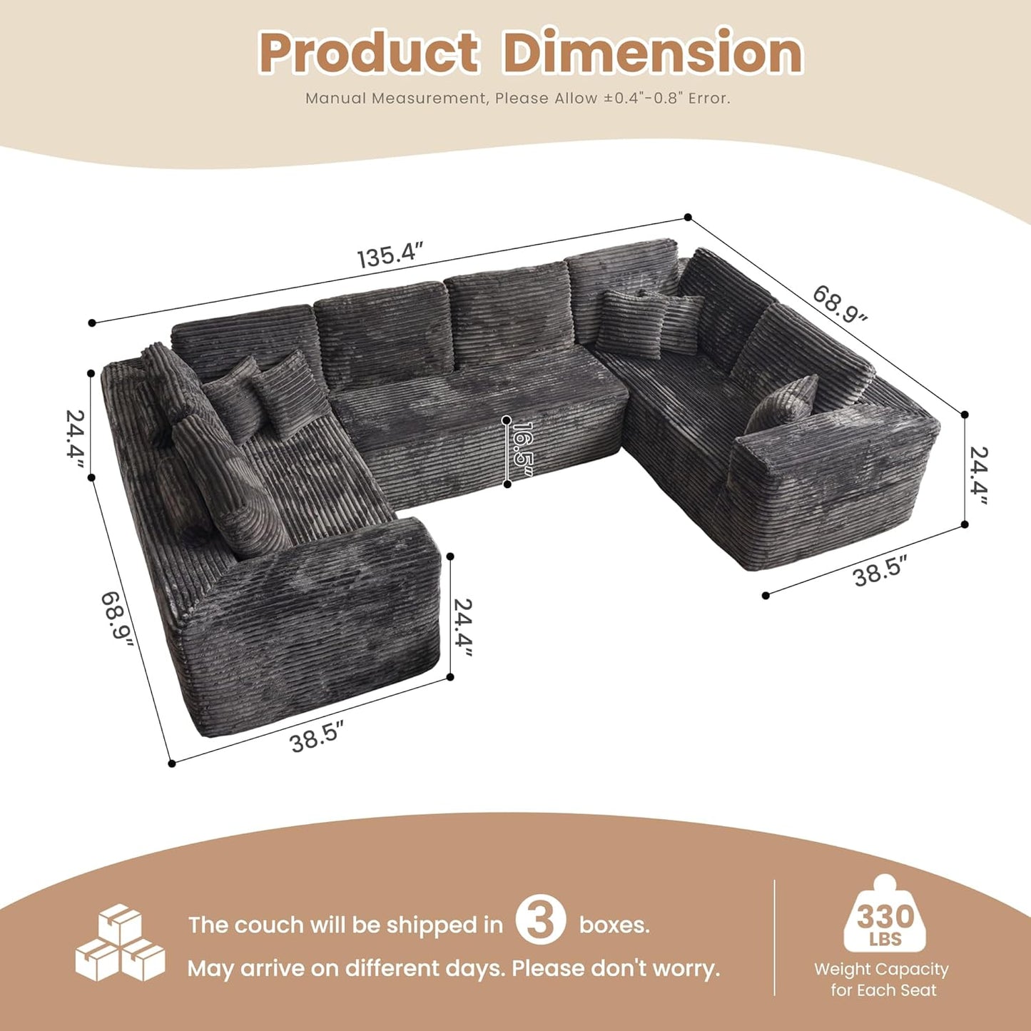 HOOOWOOO Cloud Sectional Couches for Living Room,Modular Sectional Sofa No Assembly,136X70 Inch Plush Corduroy Large U Shaped Floor Couch Set with Deep Seat(Gray)