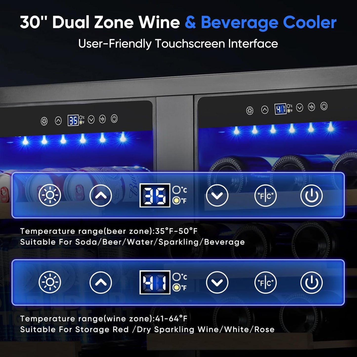 30" Stainless Steel Wine & Beverage Refrigerator - Dual Zone, Built-in/Freestanding with Upgraded Cooling - 30 Bottles & 110 Cans Capacity