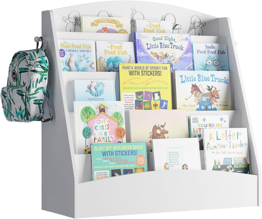 5-Tier Kids Bookshelf Montessori Toddler Book Rack Baby Bookcase Floor Front Facing Magazine Display Shelf for Bedroom Playroom Nursery Classroom Kindergarten Wood (White)