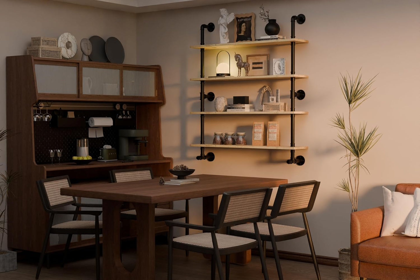 Industrial Pipe Wall Shelves Shelving with Real Wood Plank,48 Inches Floating Shelf for Wall Farmhouse Book Shelves Dark Brown 4 Tier for Kitchen,Living Room Decor and Bar Shelving