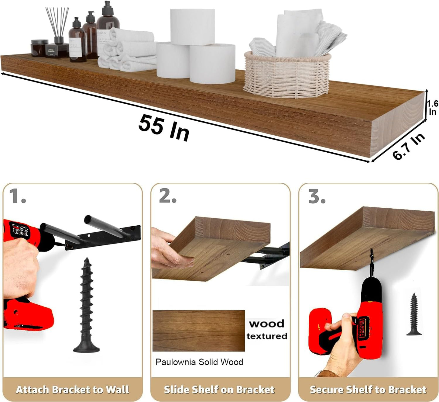 IAE Walnut Floating Wall Shelves 55 inch, Bathroom Shelves Wall Mounted,Invisible Shelves Floating Kitchen Shelves,Wooden Wall Shelves with Brackets for Living Room Wall Mounted,Easy Install,Set of 2