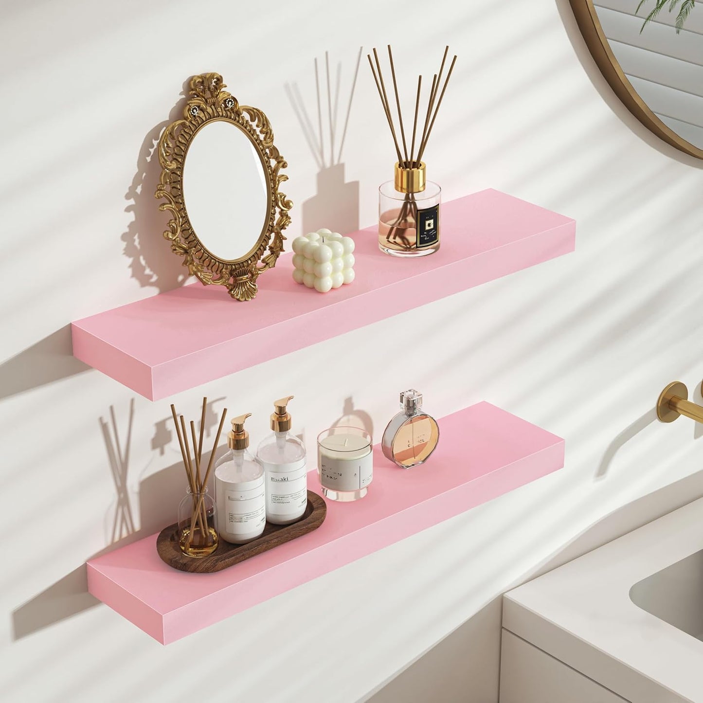 BAMEOS Pink Floating Shelves for Wall, 24" x 6" Wall Shelves for Room, Floating Book Shelves, Hanging Shelves for Bedroom, Bedroom, Living Room, Kitchen (Set of 2)