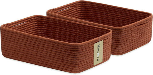Large Shallow Organizing Baskets 15x11x5.1 Inches - Rope Woven Storage Bins for Bathroom, Shelves, Cube Closet, Red 2 Packs
