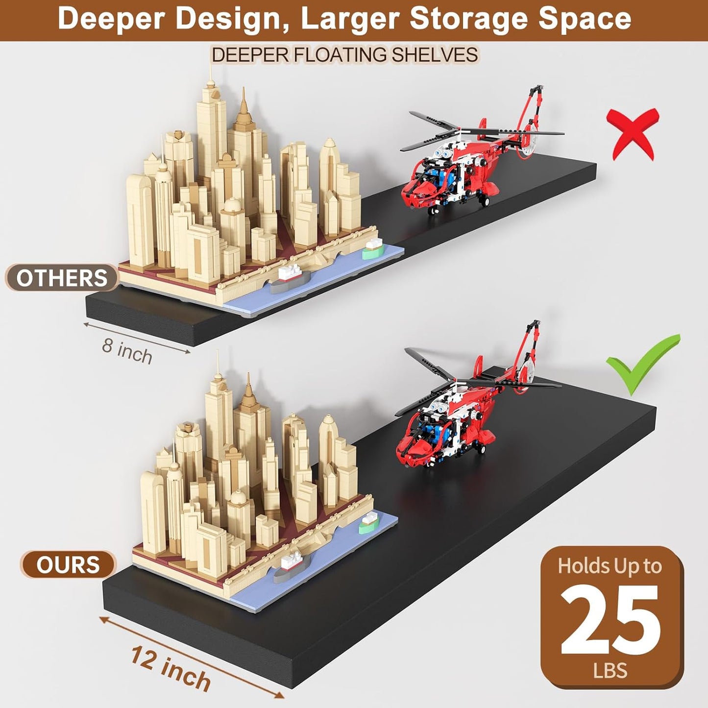 48 Inch Floating Shelf 1 Pack Large Floating Shelves for Wall No Drilling Accessories Included Deep Wall Shelves for Living Room Kitchen Farmhouse 48" W x 12" D x 1.2" Black