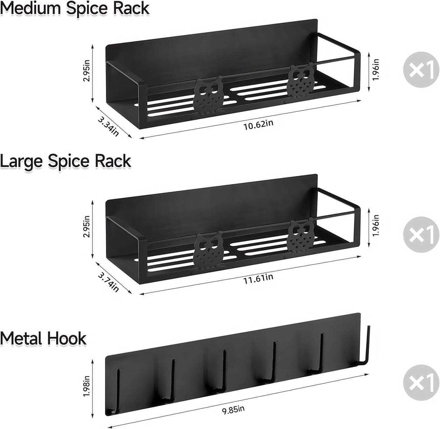 3 Pack Moveable No Drilling Heavy Magnet Spice Rack for Refrigerator Organizers and Storage,Space Saving Kitchen Organization with Magnetic Hooks,Owl Kitchen & Home Decor(Black)