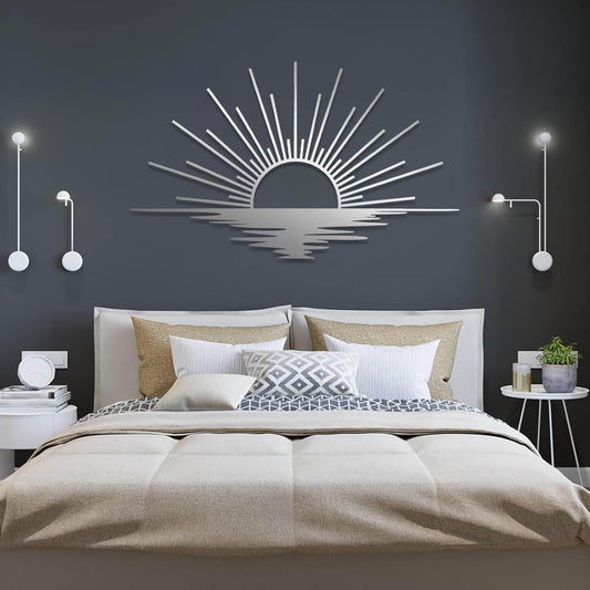 Sunrise Metal Wall Art, Metal Sun Wall Decor, Sun Outdoor Wall Art, Abstract Sunrise Wall Decor, Boho Home Hanging, Living Room Wall Hanging (Silver, 24"x14"/60x36cm)