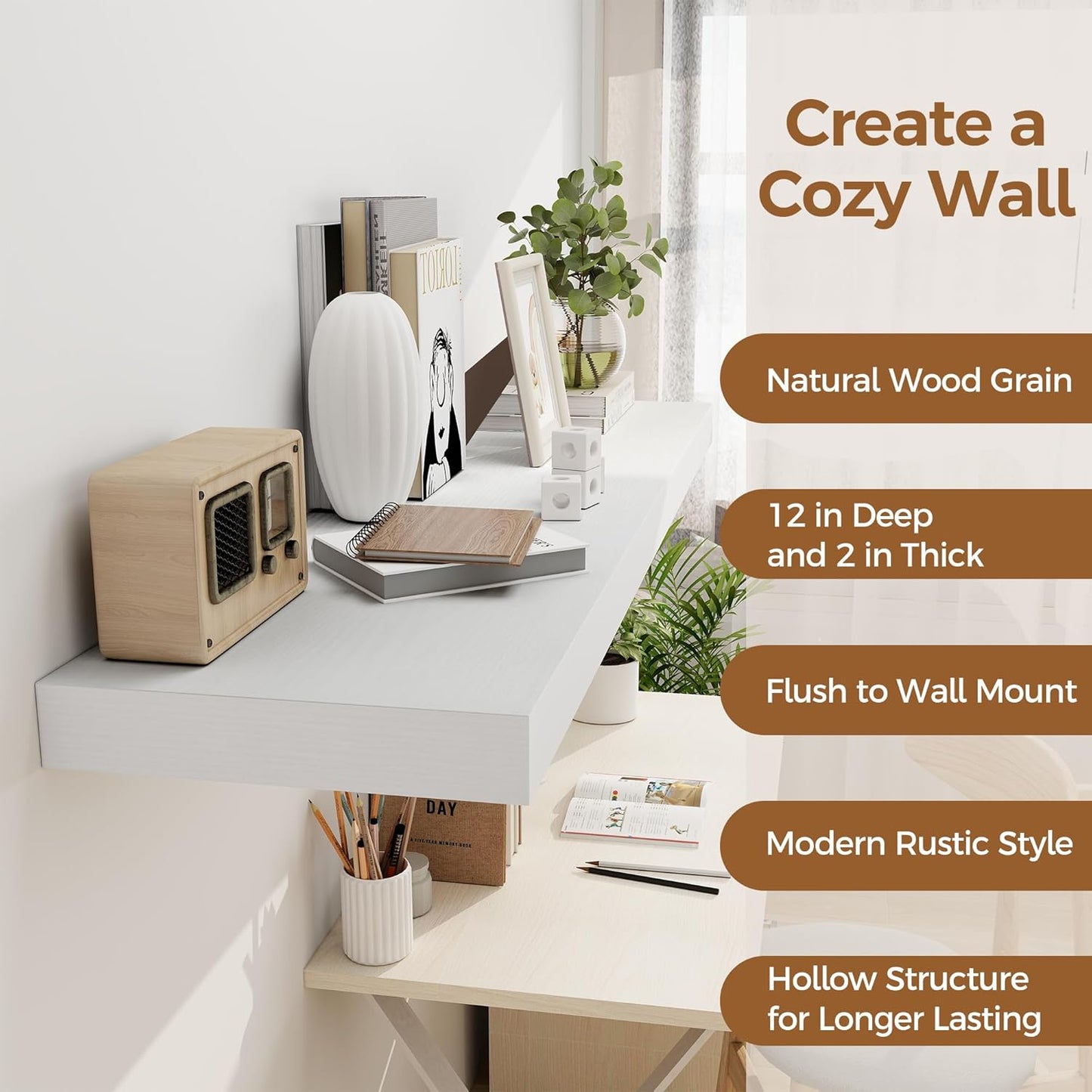 White Floating Shelves 48 Inch Long, 12 Inch Deep Floating Shelves for Wall, 48 x 12 Large Wall Shelves for Home Storage & Display, 2" Thicked Floating Shelf for Bedroom, Living Room, 1 Pack