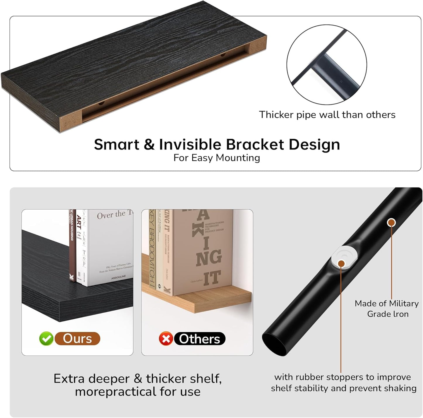 Floating Shelves - 2 Pack 9 Inch Rustic Wooden Wall Shelves - Extra Deeper & Thicker Wall Mounted Storage Shelf for Living Room, Kitchen, Farmhouse - 24" W x 9" D x 1.6" H - Rustic Black