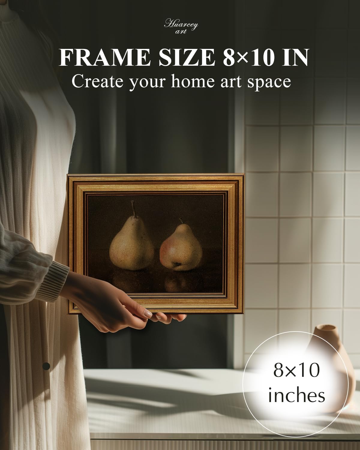 HUARCEY Gold Framed Vintage Wall Art for Living Room, Pear Fruits Painting Prints Shelf Decor for Kitchen, Aesthetic Bedroom Wall Art Decor, Christmas Gift for Friends or Family (Two Pears - 8"x10")