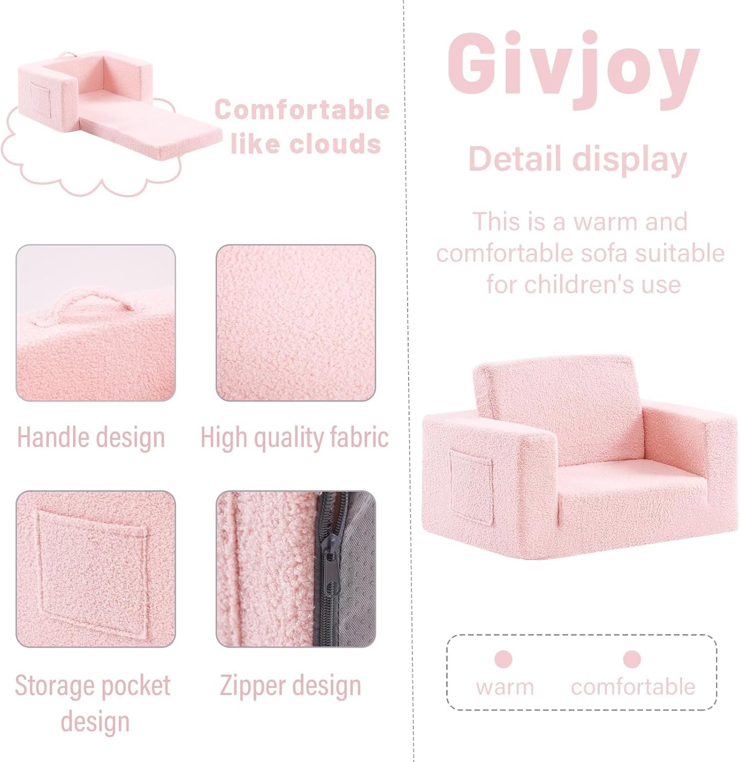 2-in-1 Toddler Chair Sherpa Couch - Soft Kids Lounger for Bedroom, Convertible Sofa for Girls and Boys, Reading Chair, Pink